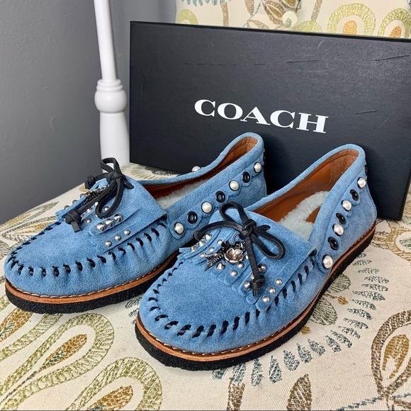 New! COACH Moccasin Blue Suede Slip On Shoes 7 - Picture 1 of 5